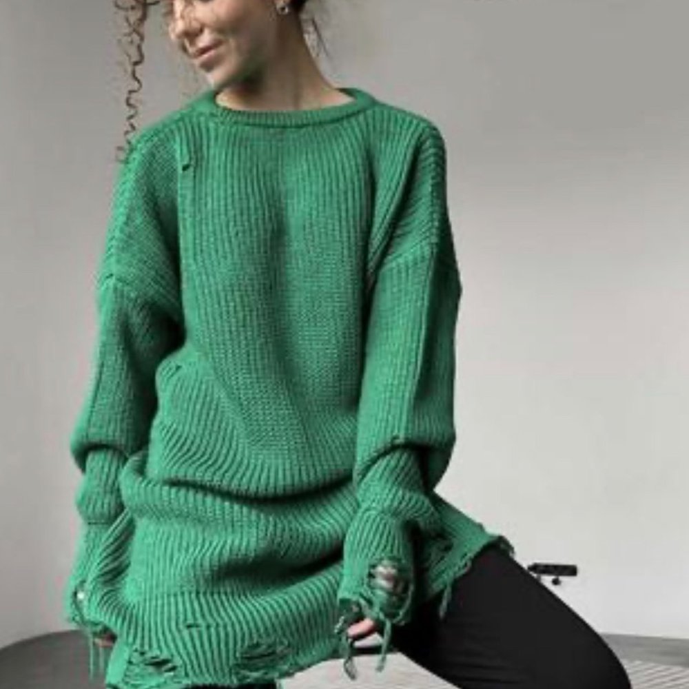 Women Ripped Pullover Sweater Large Green Round Neck Long Sleeves Relax Fit